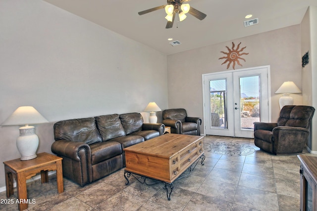 living area with visible vents, recessed lighting, french doors, and a ceiling fan