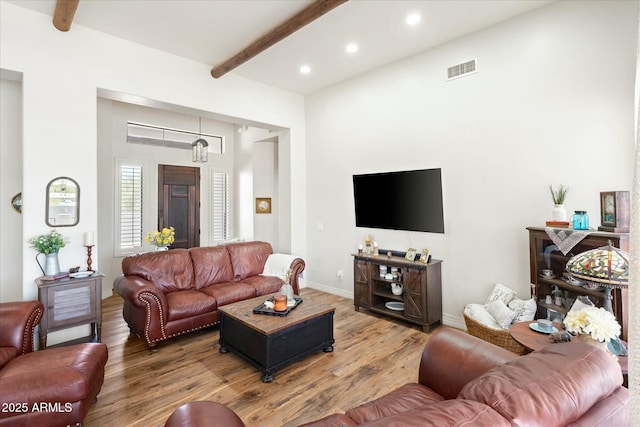 living room featuring recessed lighting, visible vents, beam ceiling, and wood finished floors