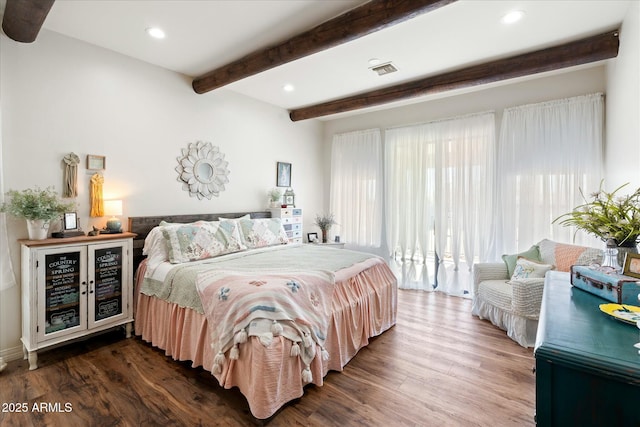 bedroom featuring recessed lighting, visible vents, beamed ceiling, and wood finished floors