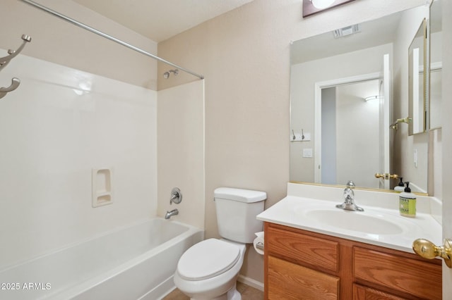 full bathroom featuring shower / washtub combination, vanity, and toilet