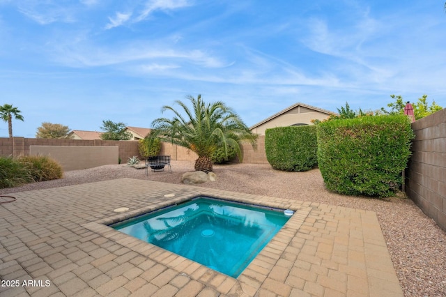 view of swimming pool with a patio and a hot tub