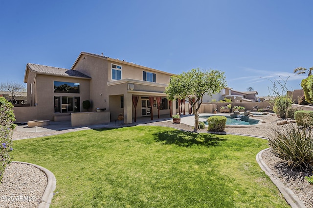 back of property with a patio, an outdoor fire pit, a lawn, a fenced backyard, and stucco siding