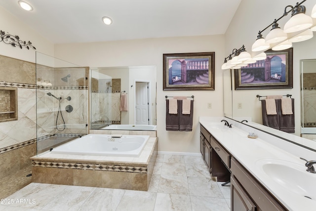25042 S Hollygreen Dr, Sun Lakes, AZ 85248 - bathroom with a garden tub, a sink, double vanity, and tiled shower