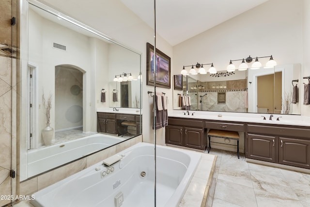 25042 S Hollygreen Dr, Sun Lakes, AZ 85248 - full bathroom with visible vents, a tub with jets, tiled shower, and vaulted ceiling