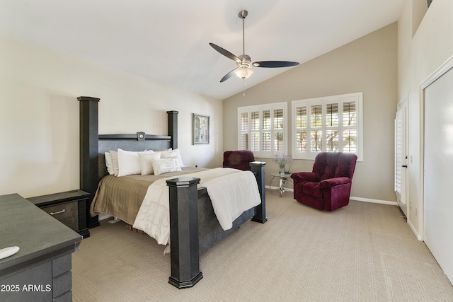 25042 S Hollygreen Dr, Sun Lakes, AZ 85248 - bedroom with a ceiling fan, baseboards, light colored carpet, and lofted ceiling