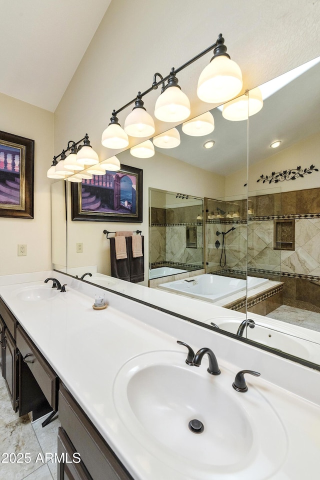 25042 S Hollygreen Dr, Sun Lakes, AZ 85248 - bathroom featuring a sink, lofted ceiling, and a tile shower