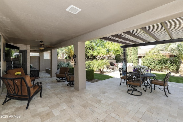25042 S Hollygreen Dr, Sun Lakes, AZ 85248 - view of patio featuring a pergola, ceiling fan, outdoor dining space, and a fenced backyard