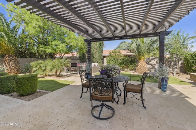25042 S Hollygreen Dr, Sun Lakes, AZ 85248 - view of patio with a fenced backyard, outdoor dining space, and a pergola