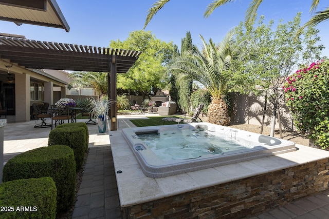 25042 S Hollygreen Dr, Sun Lakes, AZ 85248 - exterior space featuring an outdoor hot tub, a pergola, and a fenced backyard
