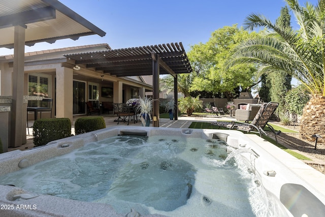 25042 S Hollygreen Dr, Sun Lakes, AZ 85248 - exterior space with fence, an outdoor hot tub, a pergola, and a patio area