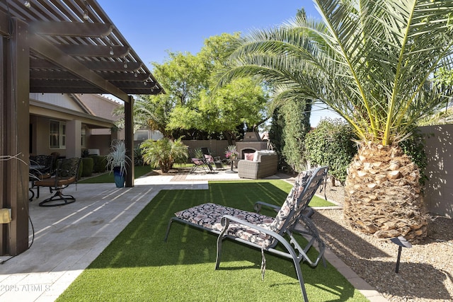 25042 S Hollygreen Dr, Sun Lakes, AZ 85248 - view of yard with a patio, a fenced backyard, and a pergola