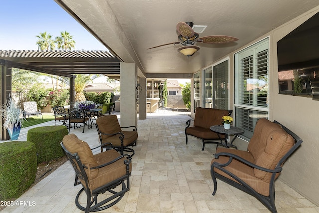 25042 S Hollygreen Dr, Sun Lakes, AZ 85248 - view of patio / terrace featuring a pergola, a ceiling fan, and outdoor dining space