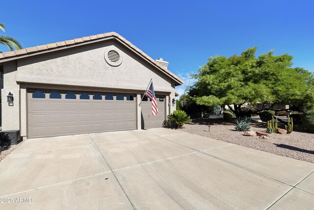 25042 S Hollygreen Dr, Sun Lakes, AZ 85248 - ranch-style house featuring stucco siding, an attached garage, driveway, and a chimney