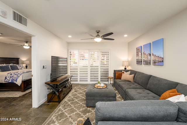 living room with ceiling fan