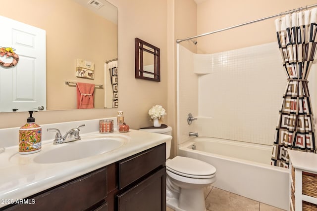 full bathroom with toilet, shower / bath combo with shower curtain, tile patterned flooring, and vanity
