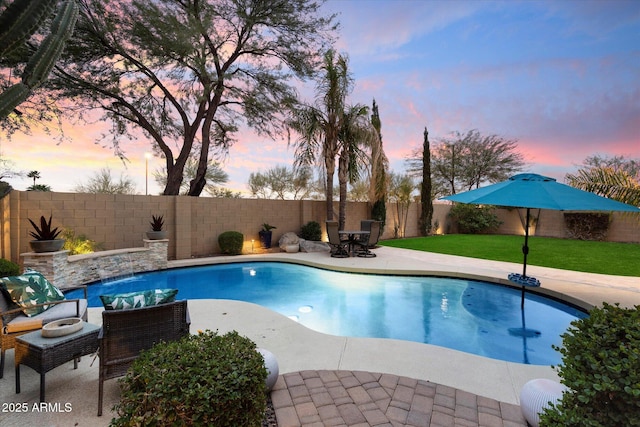 view of swimming pool with a patio area, a fenced backyard, and a fenced in pool