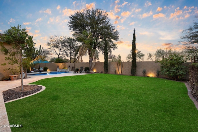 view of yard with a fenced in pool, a patio area, and a fenced backyard