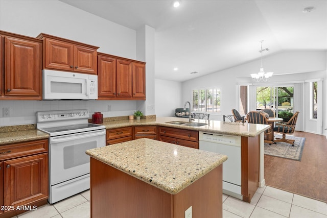 4976 S Sugarberry Ln, Gilbert, AZ 85298 - kitchen featuring white appliances, a sink, a peninsula, lofted ceiling, and a chandelier