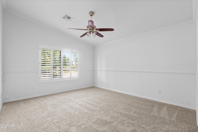 4976 S Sugarberry Ln, Gilbert, AZ 85298 - unfurnished room featuring ceiling fan, ornamental molding, lofted ceiling, carpet flooring, and baseboards