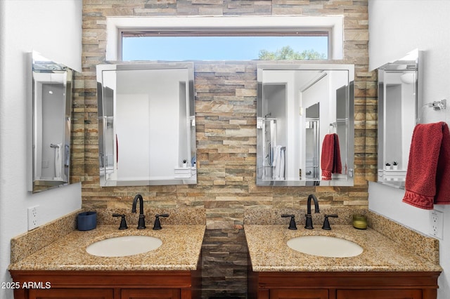 4976 S Sugarberry Ln, Gilbert, AZ 85298 - bathroom with plenty of natural light, two vanities, and decorative backsplash