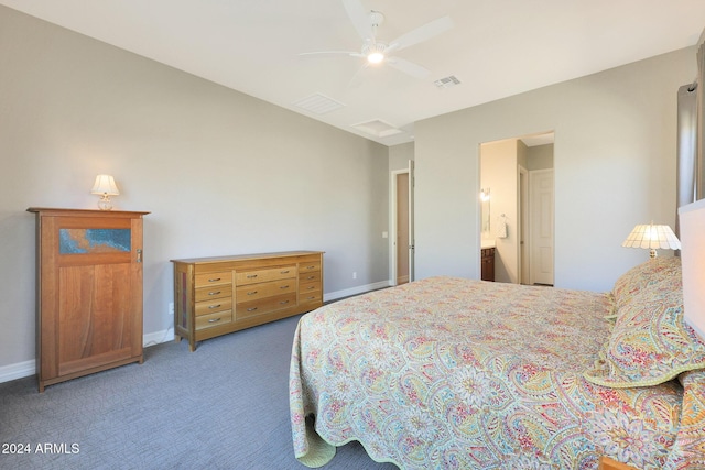 bedroom featuring connected bathroom, ceiling fan, and dark carpet