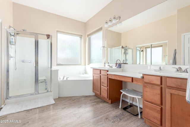 bathroom featuring vanity, wood-type flooring, and independent shower and bath