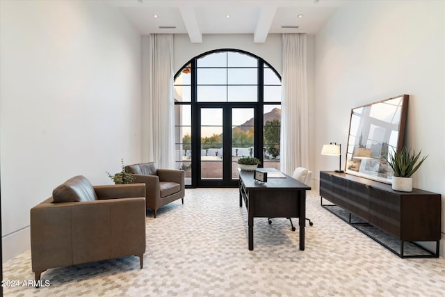 carpeted office space with french doors, recessed lighting, visible vents, a high ceiling, and beamed ceiling