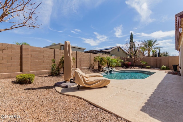 view of swimming pool featuring a patio area, a fenced in pool, and a fenced backyard