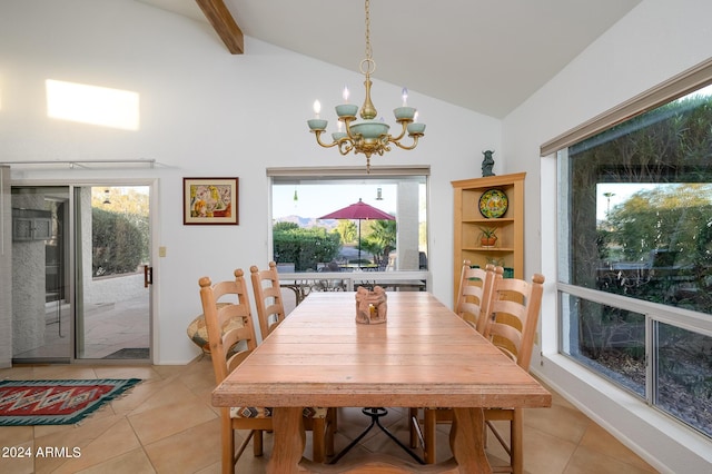 dining room with vaulted ceiling with beams, light tile patterned flooring, and a notable chandelier