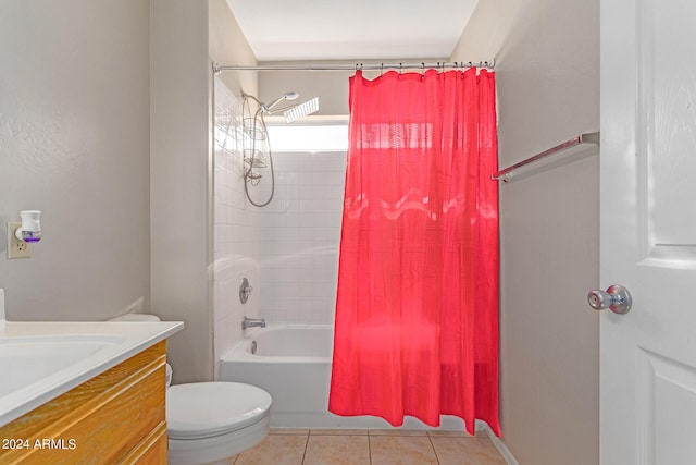 full bathroom featuring shower / bath combination with curtain, vanity, toilet, and tile patterned floors