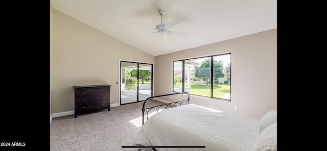 bedroom with ceiling fan, light colored carpet, lofted ceiling, and access to outside