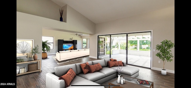 living room featuring ceiling fan, dark wood-type flooring, and high vaulted ceiling