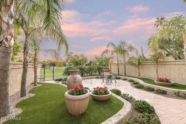 yard at dusk with a patio area