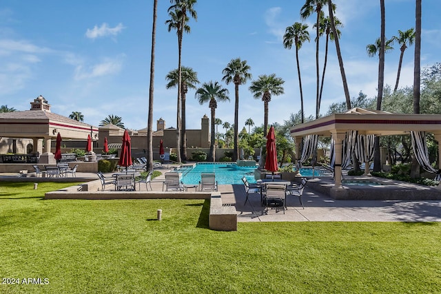 view of pool featuring a gazebo, a patio area, and a yard