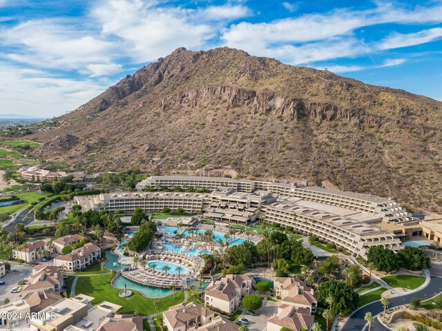 4710 N 65th St, Scottsdale, AZ 85251 - aerial view of property and surrounding area with a mountain backdrop and a pool area