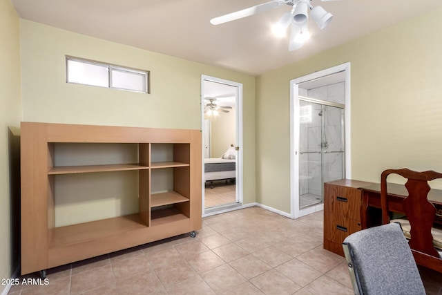 4046 E Crocus Dr, Phoenix, AZ 85032 - bedroom with light tile patterned floors, a ceiling fan, and ensuite bath