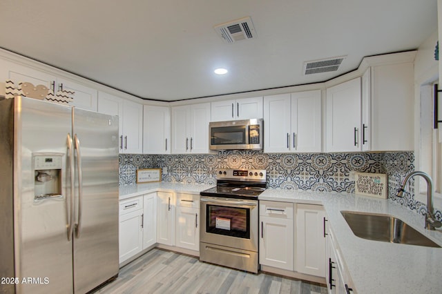 11014 W Cocopah St, Avondale, AZ 85323 - kitchen featuring appliances with stainless steel finishes, white cabinets, decorative backsplash, light wood finished floors, and recessed lighting