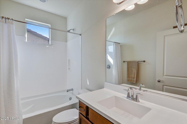 full bathroom with vanity, shower / bath combination with curtain, and toilet