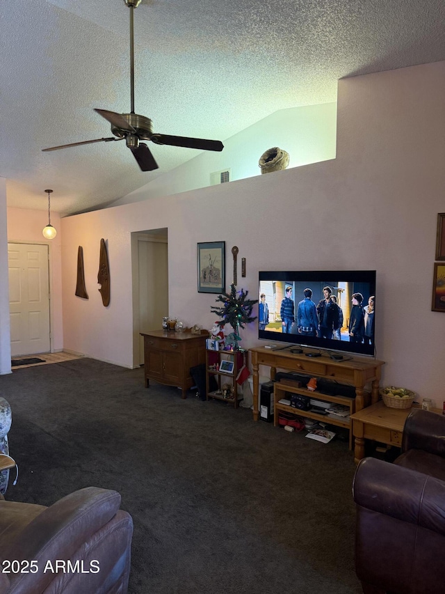 5430 N 74th Ave, Glendale, AZ 85303 - carpeted living room featuring a ceiling fan, a textured ceiling, visible vents, and vaulted ceiling
