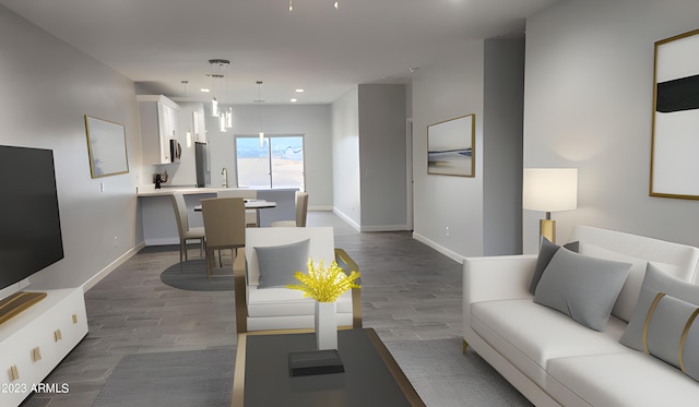 living room featuring sink and wood-type flooring