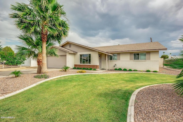 327 E Ln Jolla Dr, Tempe, AZ 85282 - ranch-style home featuring brick siding, a garage, a front lawn, and a shingled roof