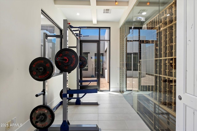 29215 N 136th St, Scottsdale, AZ 85262 - gym featuring tile patterned flooring, beamed ceiling, and baseboards
