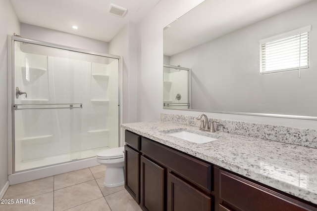 8208 W Albeniz Pl, Phoenix, AZ 85043 - bathroom with a shower stall, tile patterned floors, toilet, and vanity