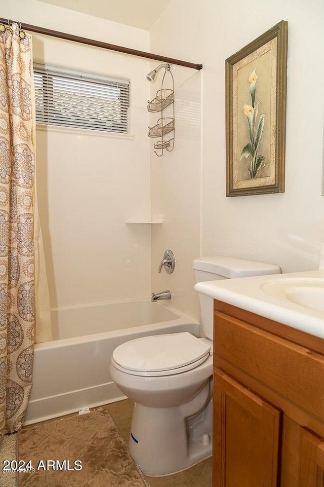 full bathroom with vanity, toilet, shower / bath combination with curtain, and tile patterned flooring