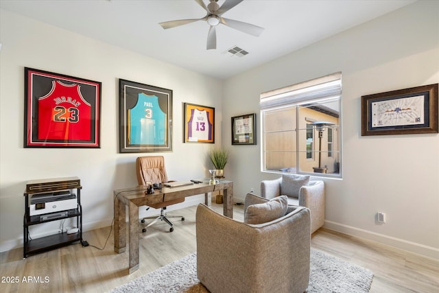 office featuring ceiling fan and light hardwood / wood-style flooring