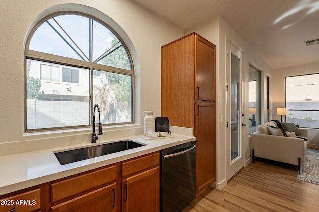 kitchen with dishwasher, sink, a wealth of natural light, and light hardwood / wood-style floors