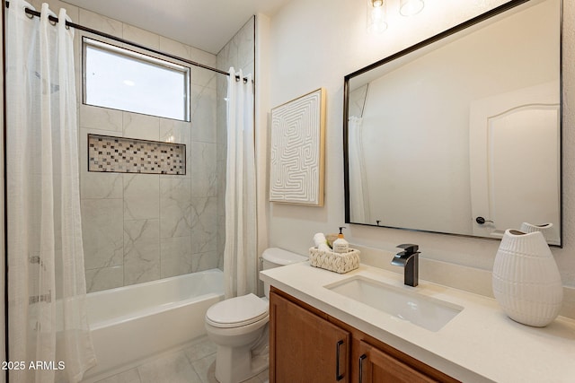 full bathroom featuring vanity, shower / bathtub combination with curtain, tile patterned floors, and toilet