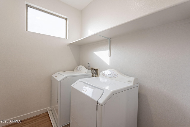 laundry area with hardwood / wood-style flooring and washer and dryer