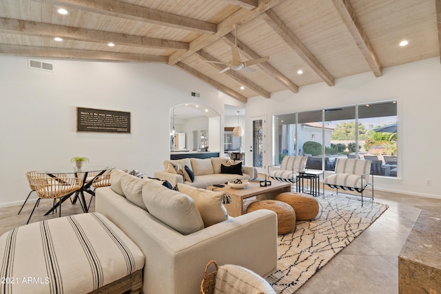 tiled living room with wooden ceiling, beam ceiling, high vaulted ceiling, and ceiling fan