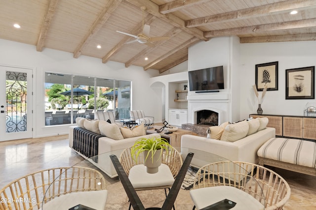 tiled living room featuring wooden ceiling, vaulted ceiling with beams, and ceiling fan